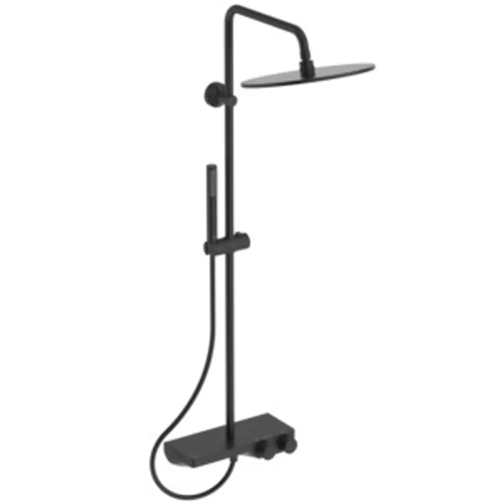 Schwarzes Duschsystem von Ideal Standard mit Kopfbrause und Handbrause, vertikal montiert, mit einem Bedienfeld zur Temperatureinstellung.